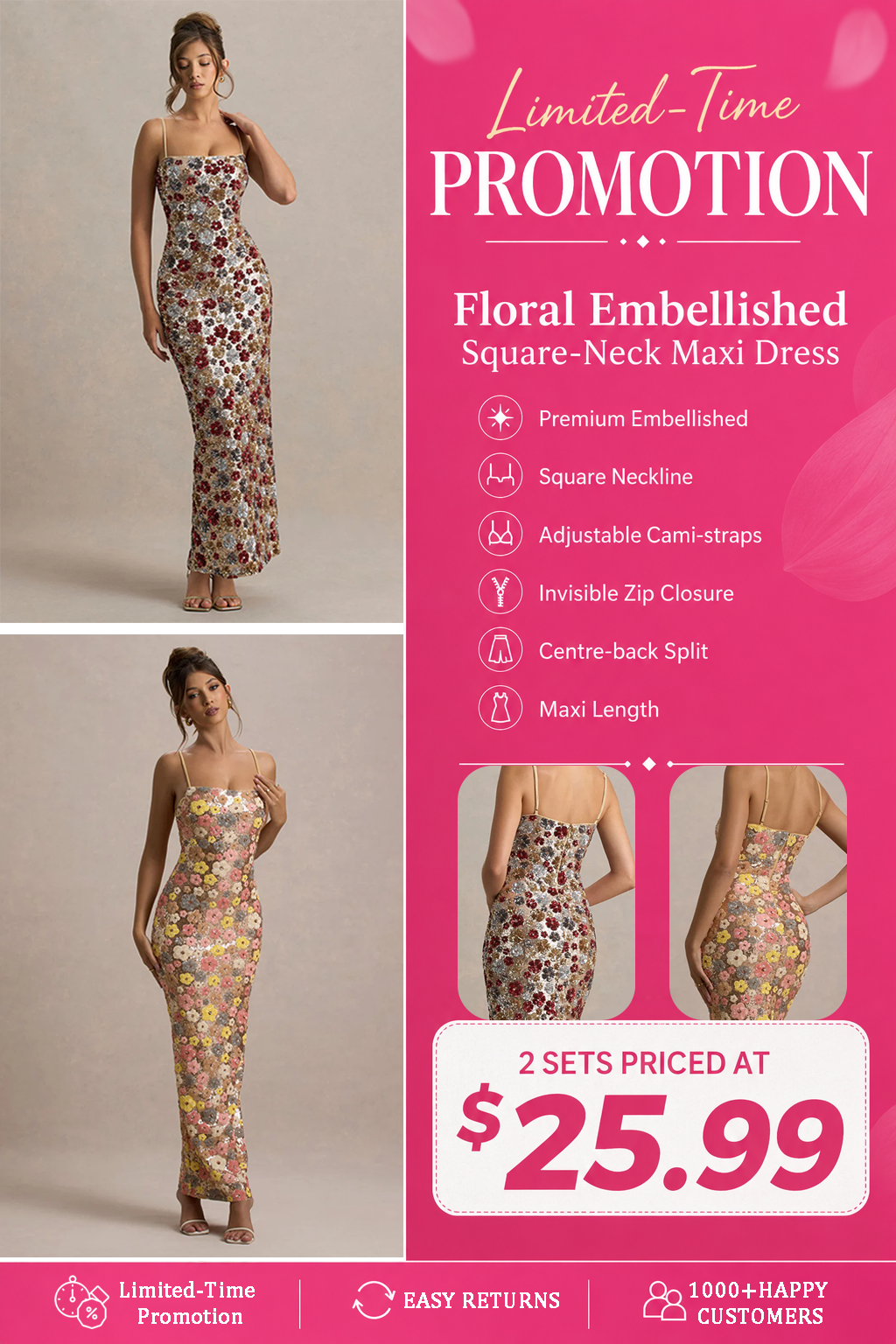 Floral Embellished Square-Neck Maxi Dress