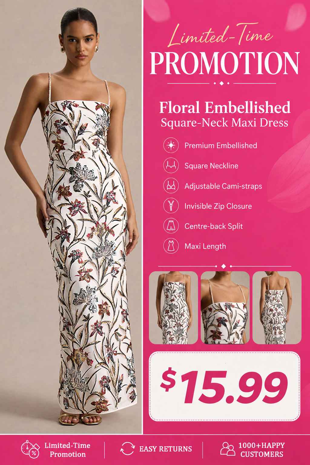 Floral Embellished Square-Neck Maxi Dress