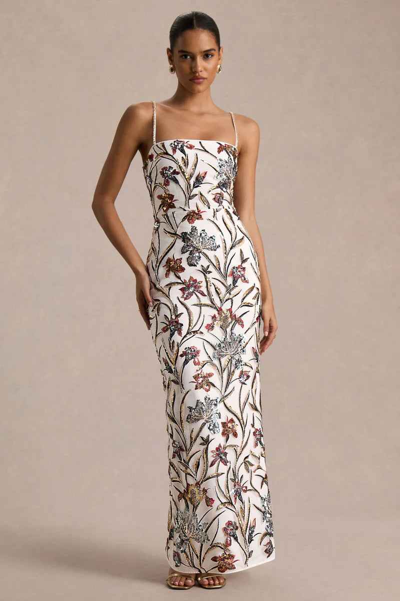 Floral Embellished Square-Neck Maxi Dress