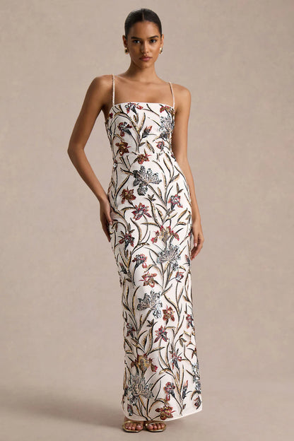 Floral Embellished Square-Neck Maxi Dress