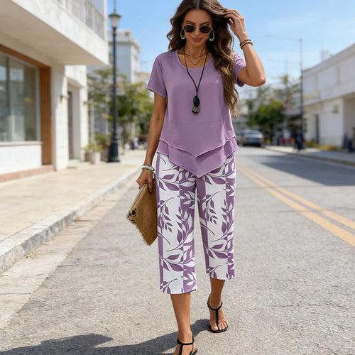 ⏰Hot Sale 50% OFF🎉Casual Round Neck Layered Tunic Top and Wide Leg Pants Set