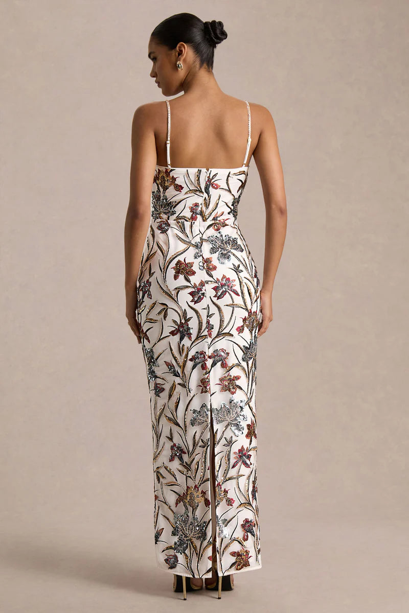Floral Embellished Square-Neck Maxi Dress