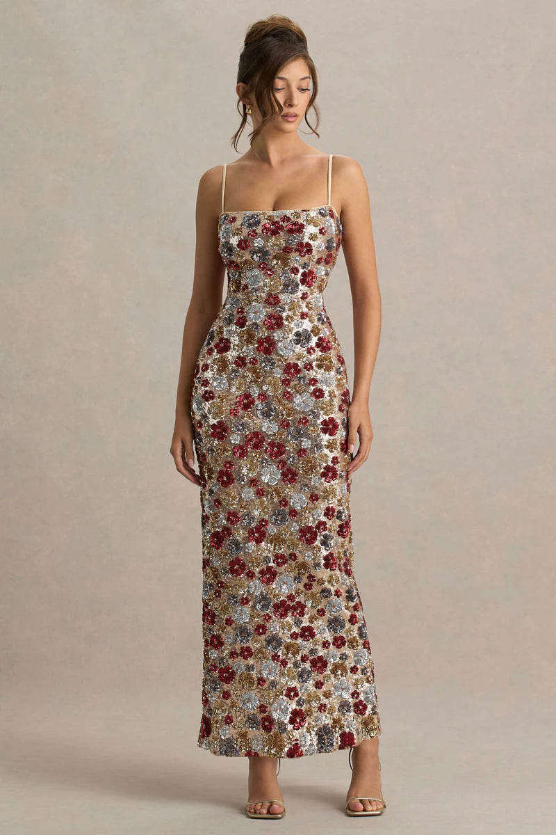 Floral Embellished Square-Neck Maxi Dress