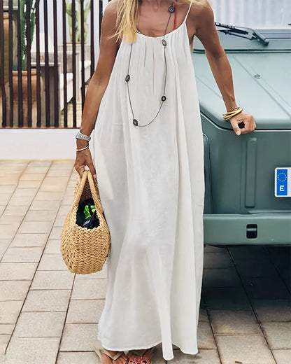 Women's Solid Color Backless Cami Maxi Dress(70% Cotton + 30% Linen)