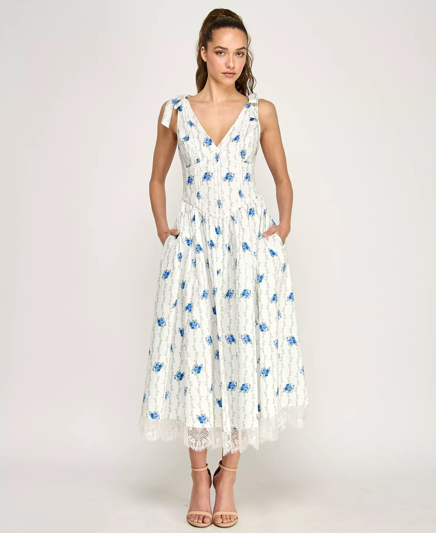 Summer Tie-Shoulder Floral Printed V-Neck Midi Dress