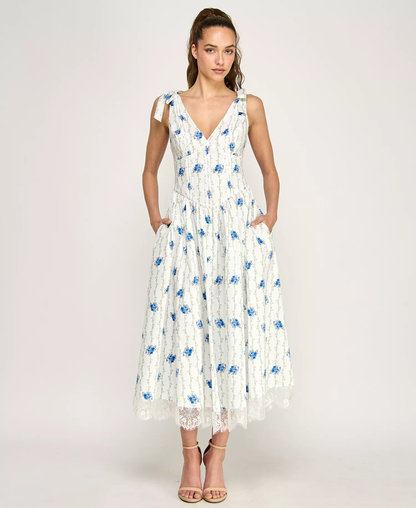 Summer Tie-Shoulder Floral Printed V-Neck Midi Dress