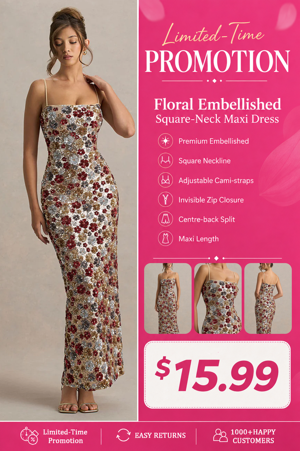Floral Embellished Square-Neck Maxi Dress