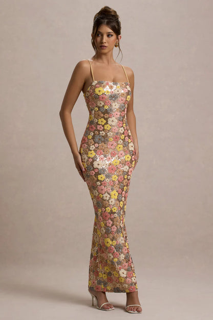 Floral Embellished Square-Neck Maxi Dress