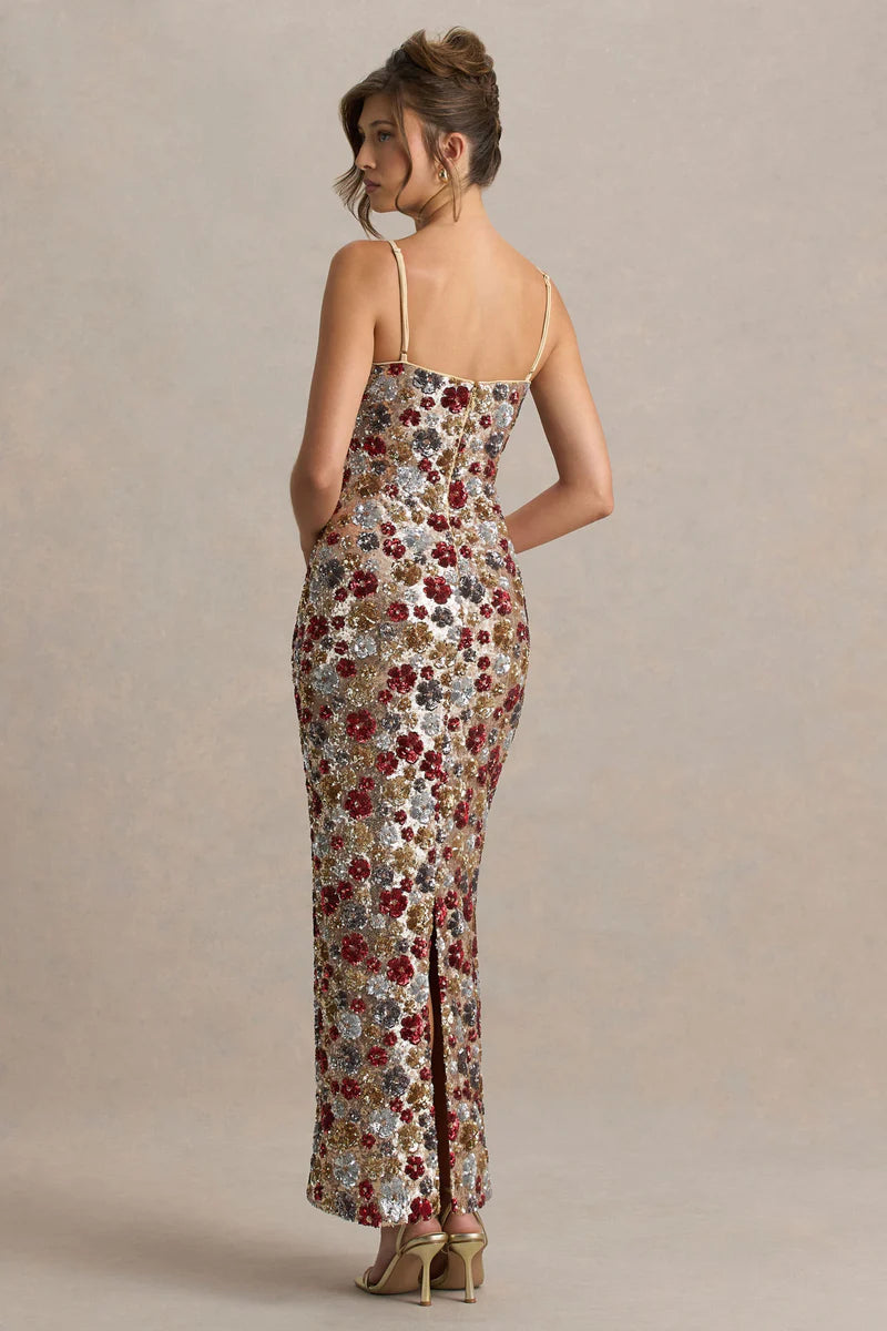 Floral Embellished Square-Neck Maxi Dress