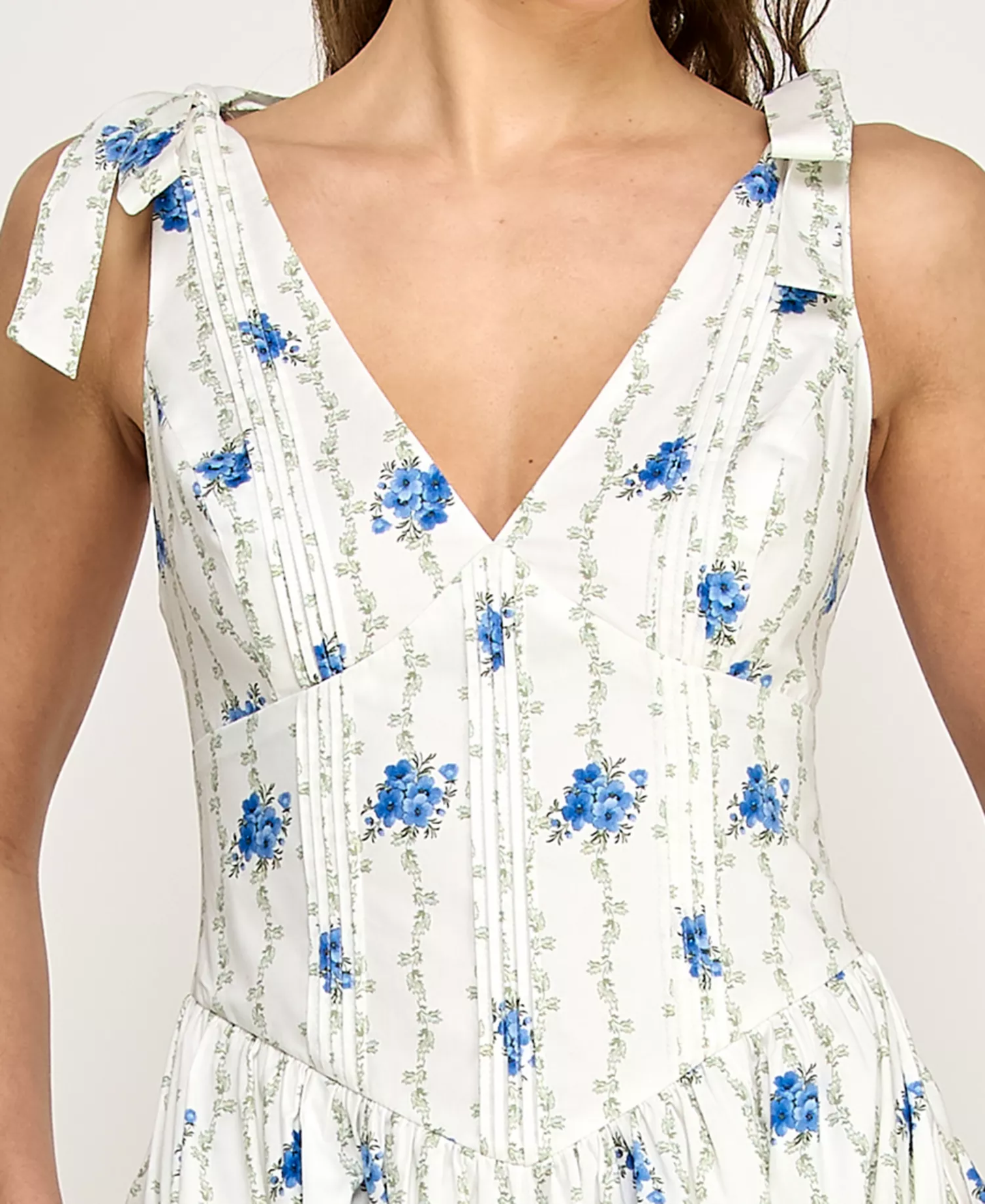 Summer Tie-Shoulder Floral Printed V-Neck Midi Dress