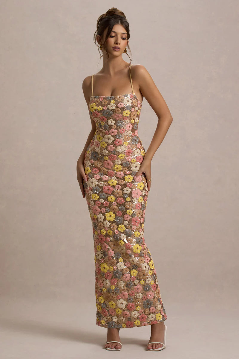 Floral Embellished Square-Neck Maxi Dress