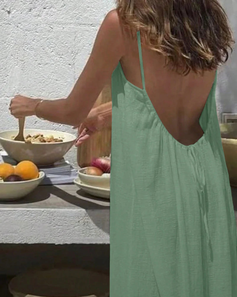 Women's Solid Color Backless Cami Maxi Dress(70% Cotton + 30% Linen)