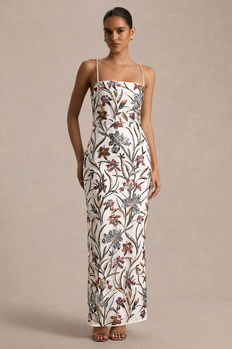 Floral Embellished Square-Neck Maxi Dress