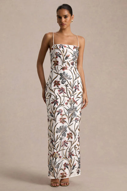 Floral Embellished Square-Neck Maxi Dress