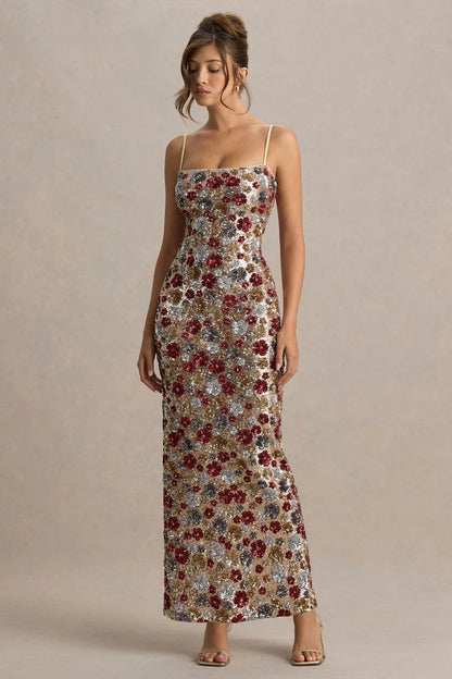 Floral Embellished Square-Neck Maxi Dress
