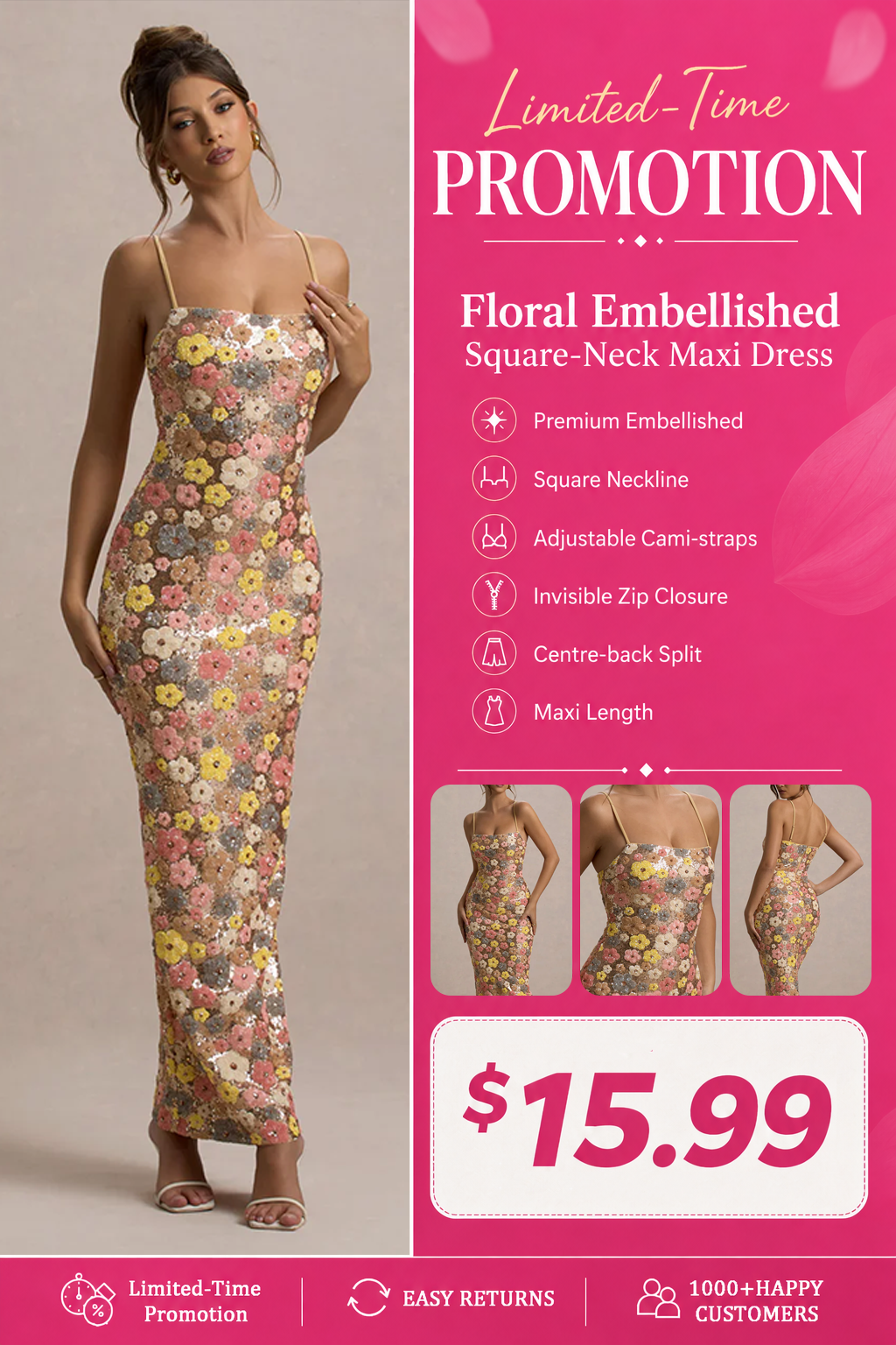 Floral Embellished Square-Neck Maxi Dress