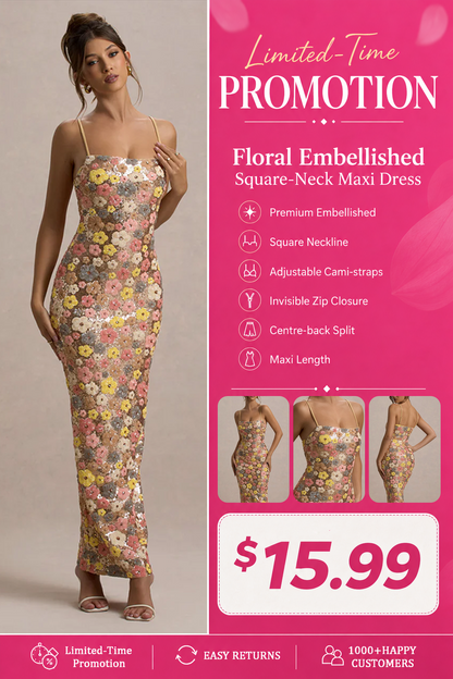 Floral Embellished Square-Neck Maxi Dress
