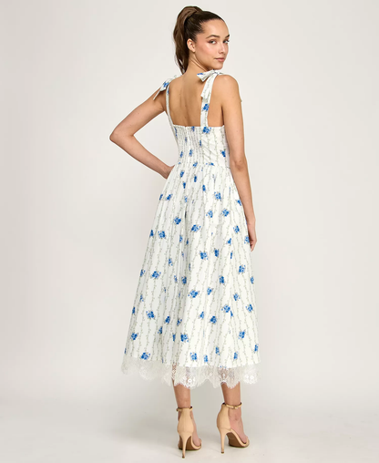Summer Tie-Shoulder Floral Printed V-Neck Midi Dress