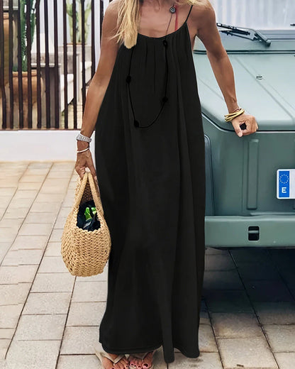 Women's Solid Color Backless Cami Maxi Dress(70% Cotton + 30% Linen)