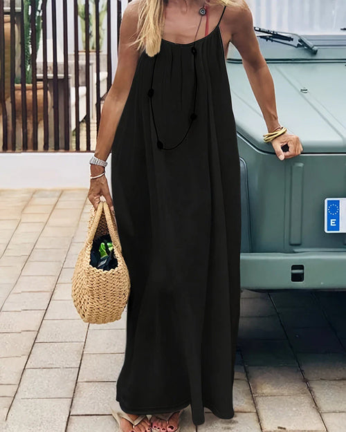 Women's Solid Color Backless Cami Maxi Dress(70% Cotton + 30% Linen)