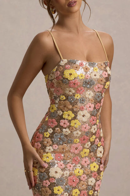 Floral Embellished Square-Neck Maxi Dress