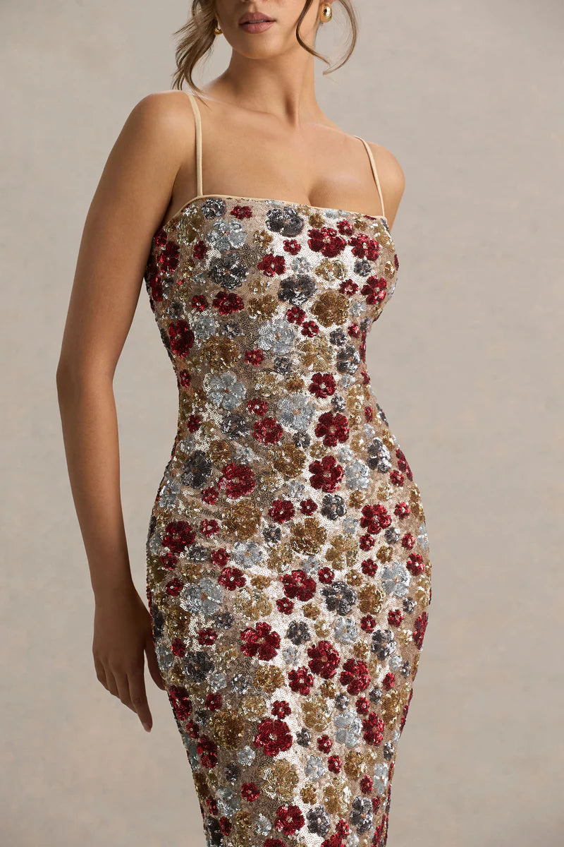 Floral Embellished Square-Neck Maxi Dress