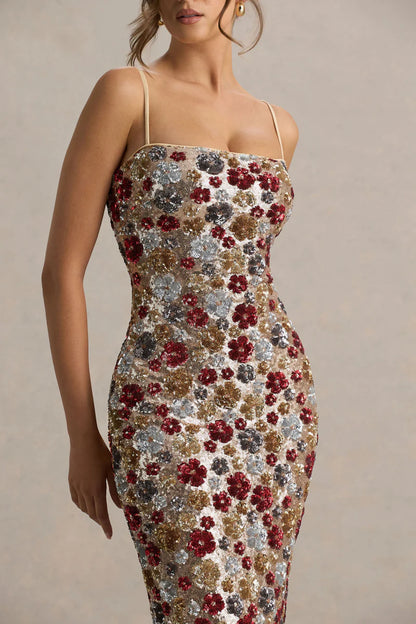 Floral Embellished Square-Neck Maxi Dress