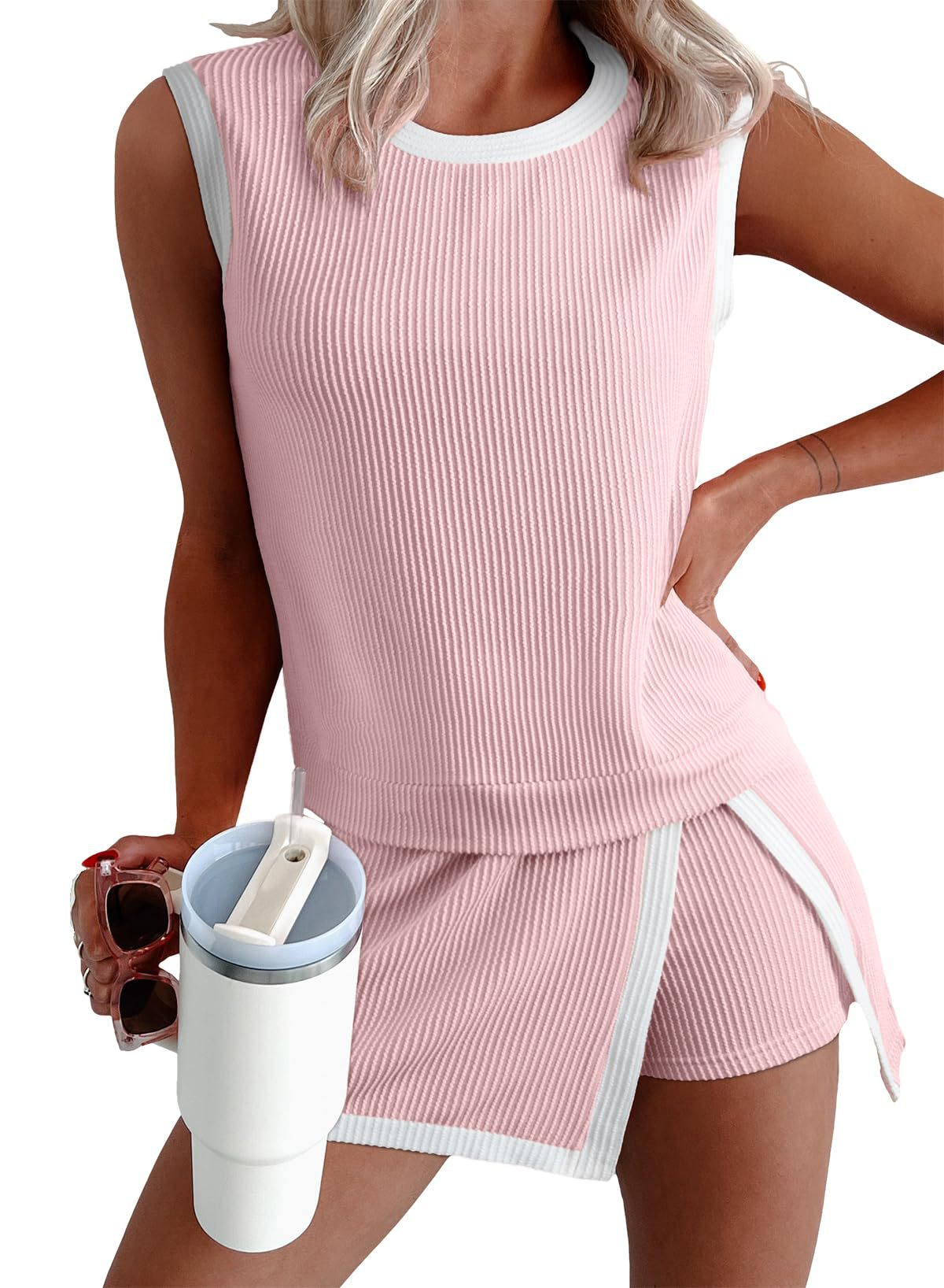 2 Piece Sets for Women Summer Outfits Ribbed Knit Tank Top and Split Lined Skirt Two Pieces Lounge Matching Set