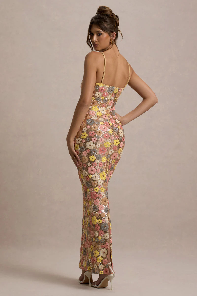 Floral Embellished Square-Neck Maxi Dress