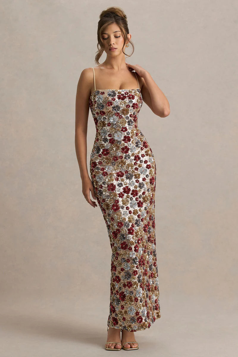 Floral Embellished Square-Neck Maxi Dress
