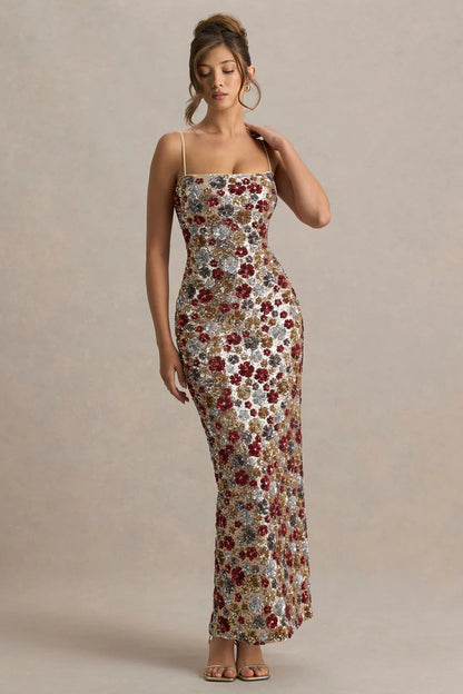 Floral Embellished Square-Neck Maxi Dress