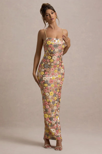 Floral Embellished Square-Neck Maxi Dress
