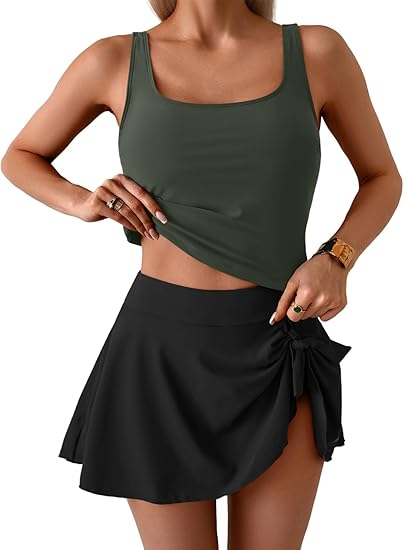🩱Summer Hot Sale 80% OFF☀️🌊Women's Tummy Control Two Piece Swimsuit High Waisted Tank Top with Swim Skirt