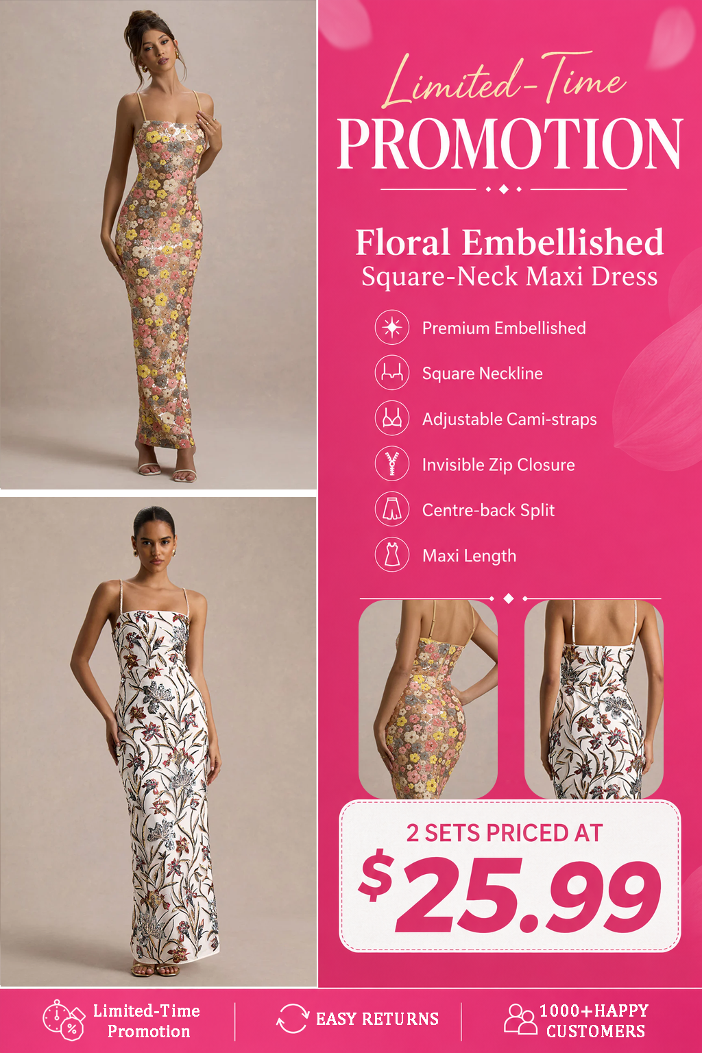Floral Embellished Square-Neck Maxi Dress