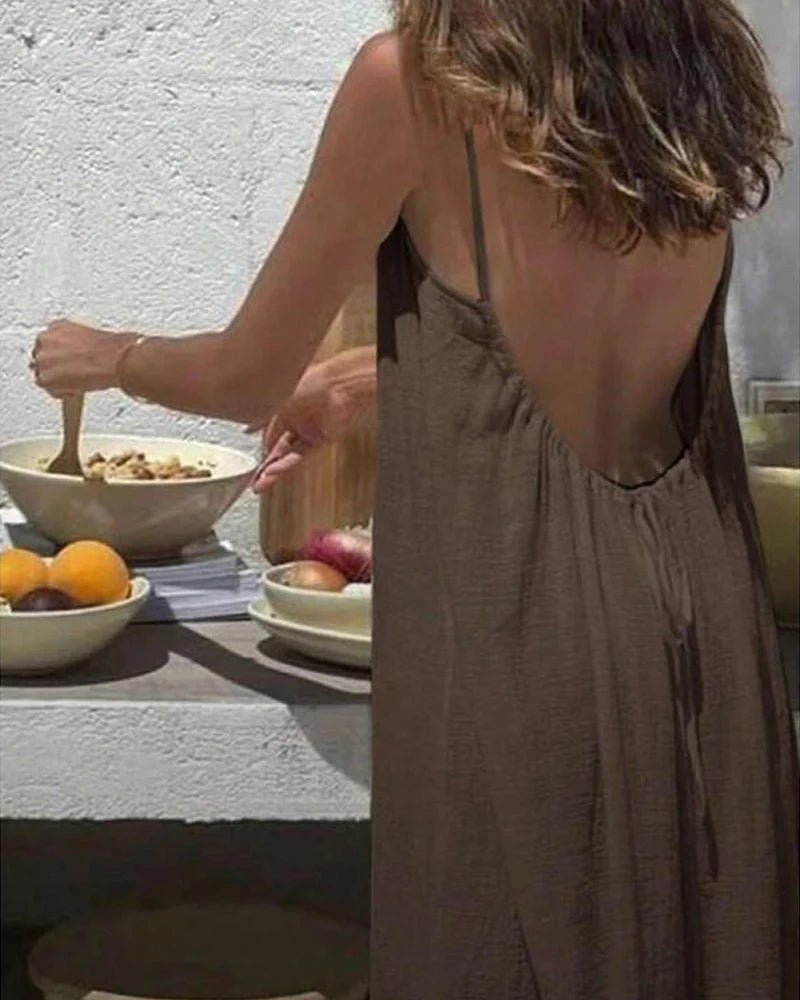 Women's Solid Color Backless Cami Maxi Dress(70% Cotton + 30% Linen)