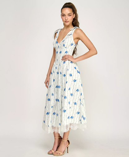 Summer Tie-Shoulder Floral Printed V-Neck Midi Dress