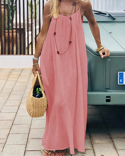 Women's Solid Color Backless Cami Maxi Dress(70% Cotton + 30% Linen)