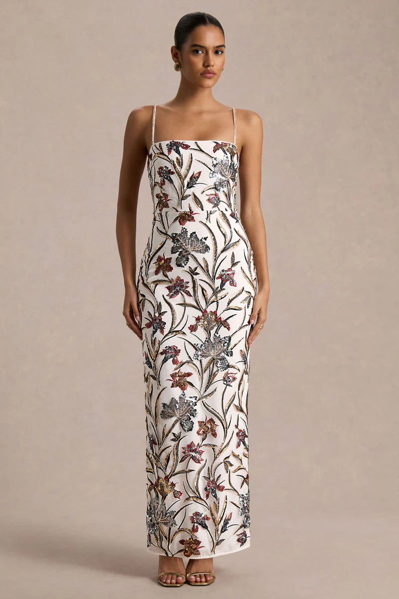 Floral Embellished Square-Neck Maxi Dress