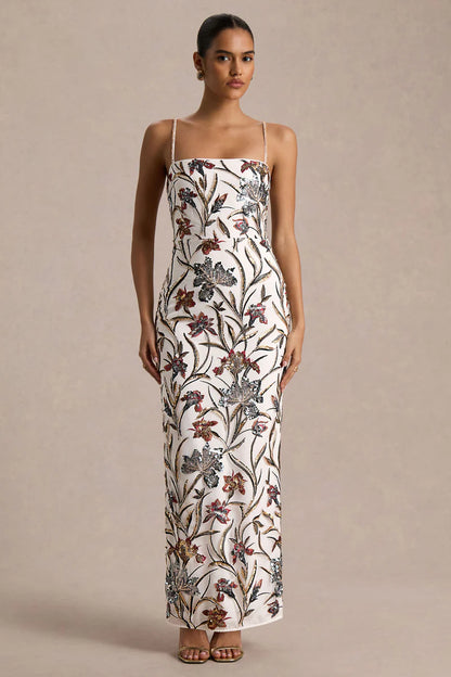 Floral Embellished Square-Neck Maxi Dress