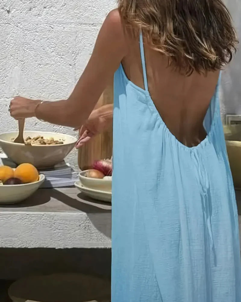 Women's Solid Color Backless Cami Maxi Dress(70% Cotton + 30% Linen)