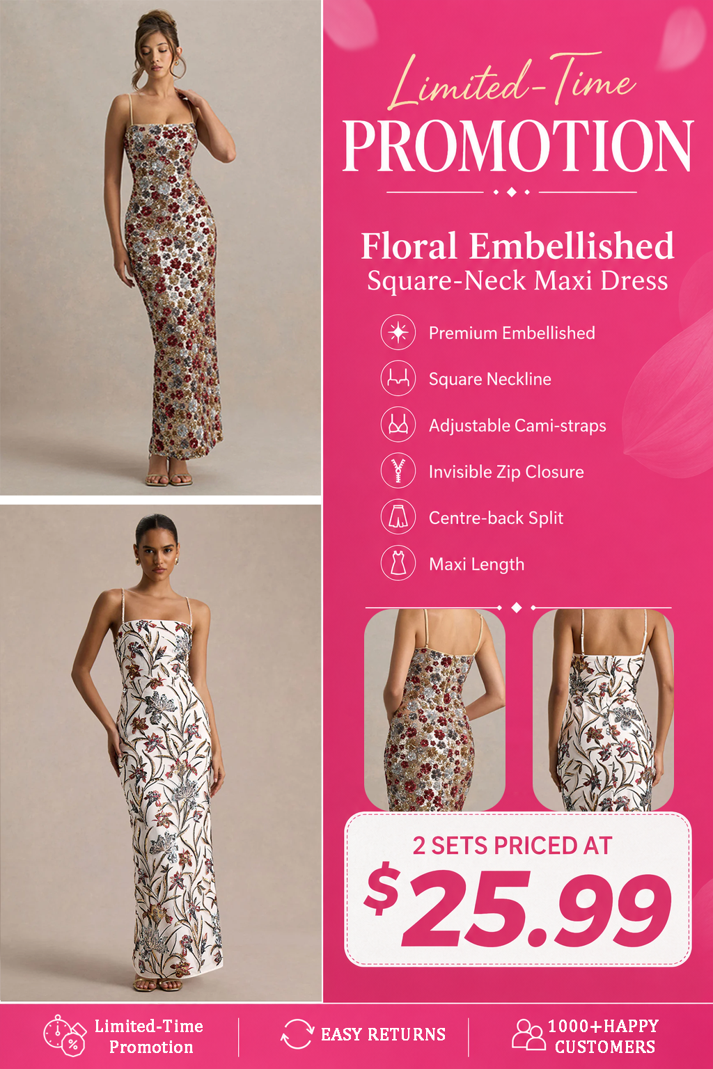 Floral Embellished Square-Neck Maxi Dress