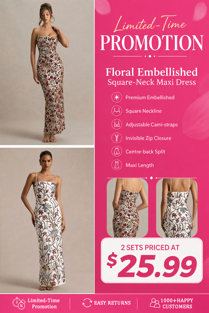 Floral Embellished Square-Neck Maxi Dress